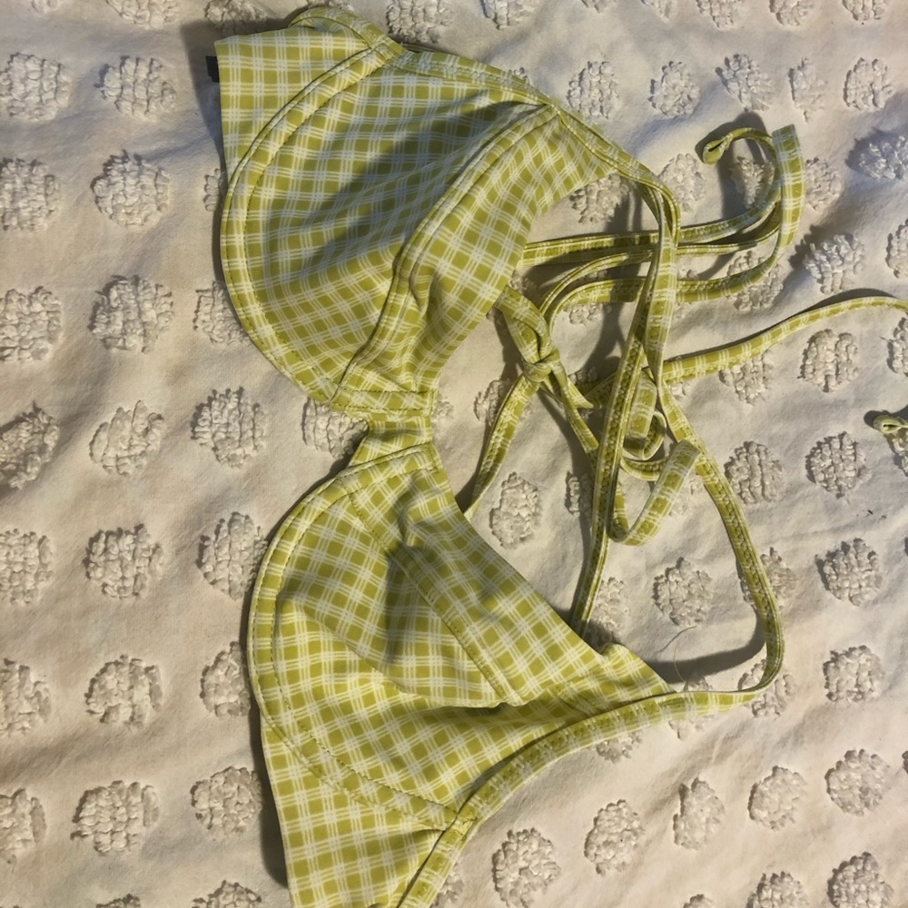 Green and white gingham bikini top